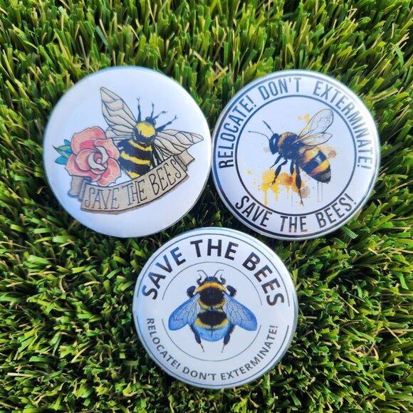 Handmade Other - Set of 3 Button Pins Round Pin Lapel Pinback Beekeeping Honeybees Bee Save the B